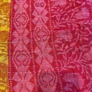 Bohemian Kantha Quilt Throw Blanket Pink Yellow Green Floral Print Handmade